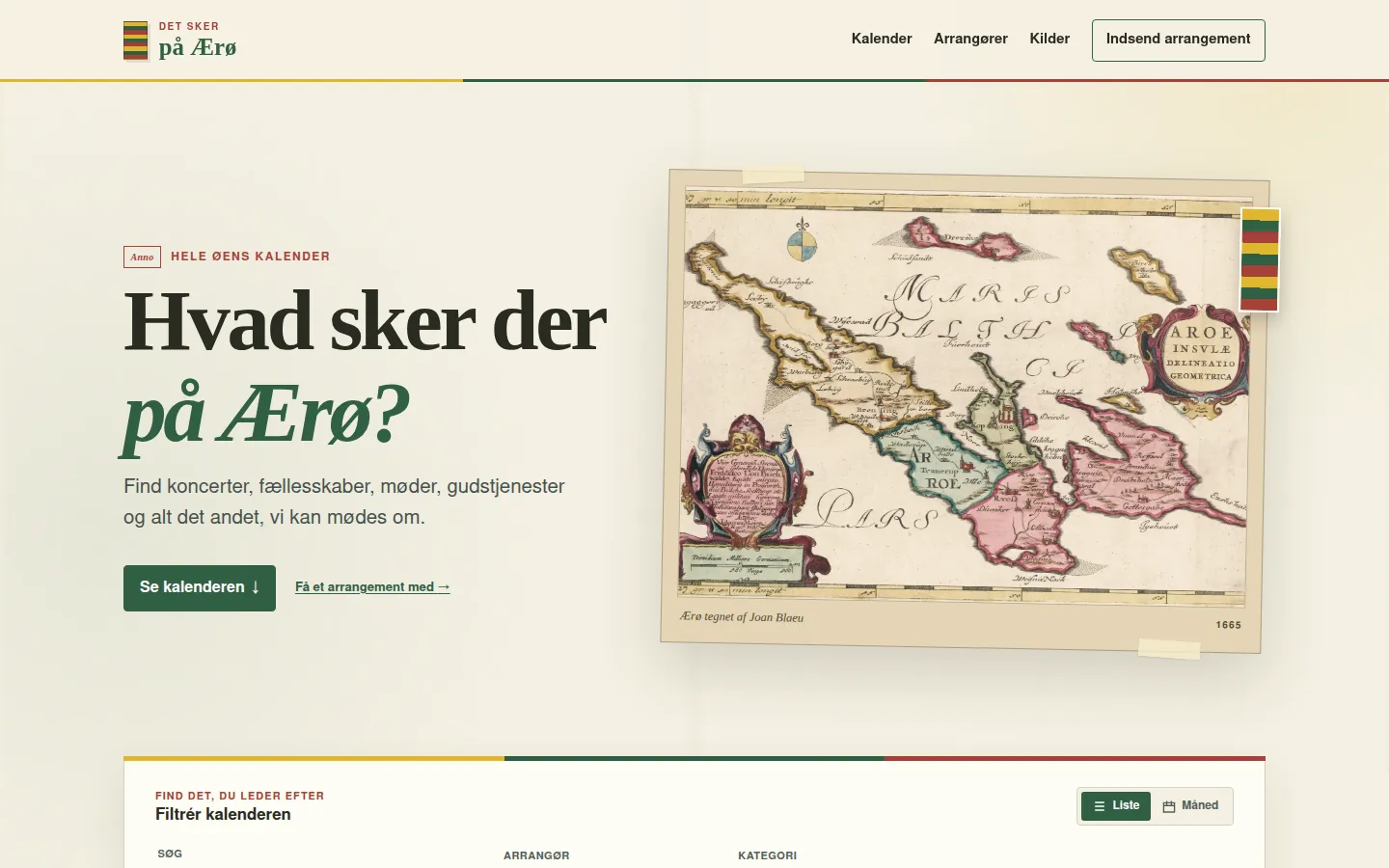 Danish event calendar homepage beside an illustrated historical map of Ærø