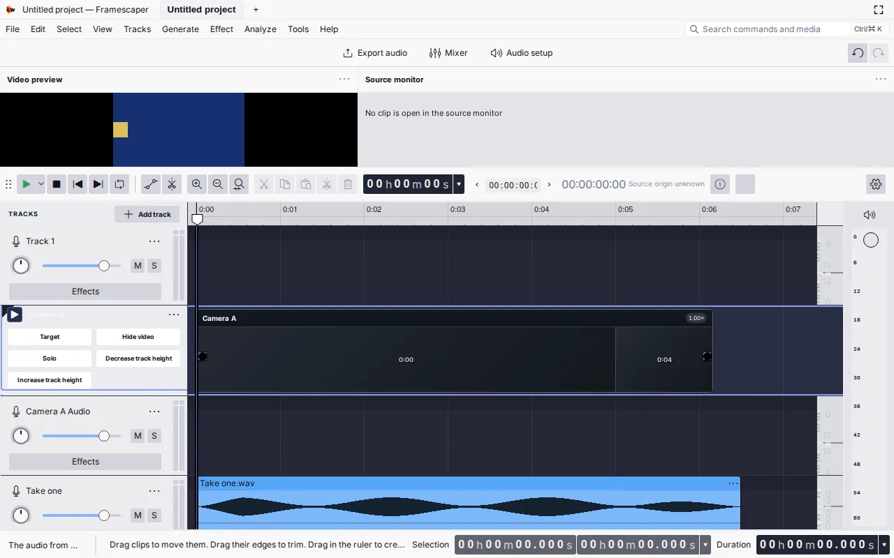 Framescaper video editor with a preview and video and audio tracks on a timeline