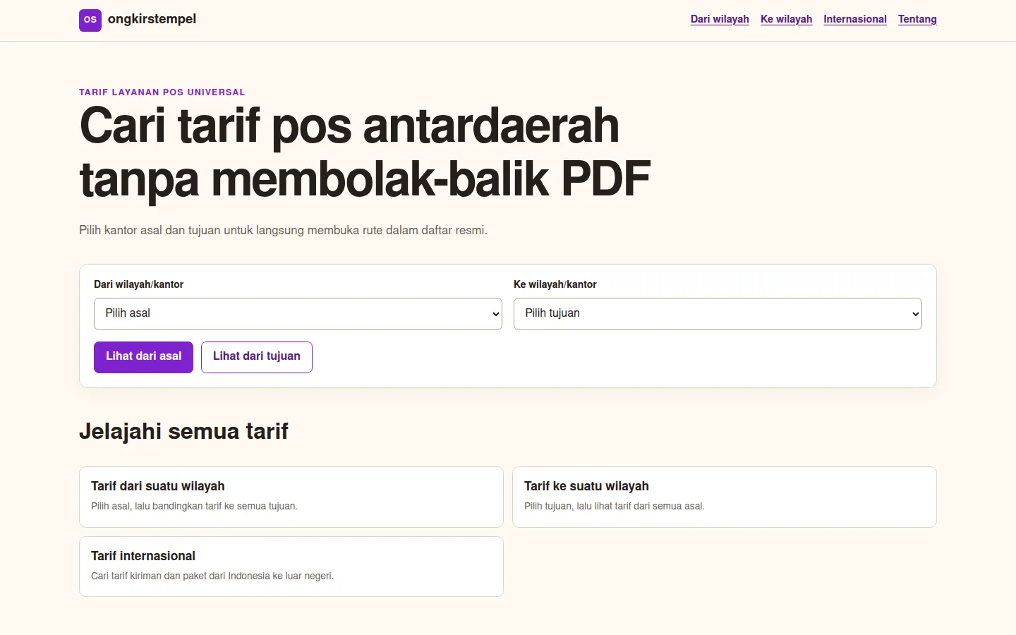 Indonesian postal-tariff search with origin and destination selectors