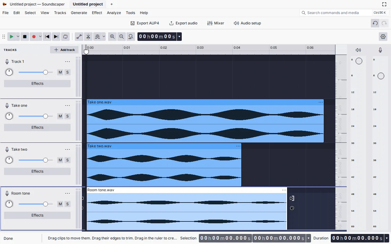 Soundscaper multitrack editor with several audio clips arranged on a timeline