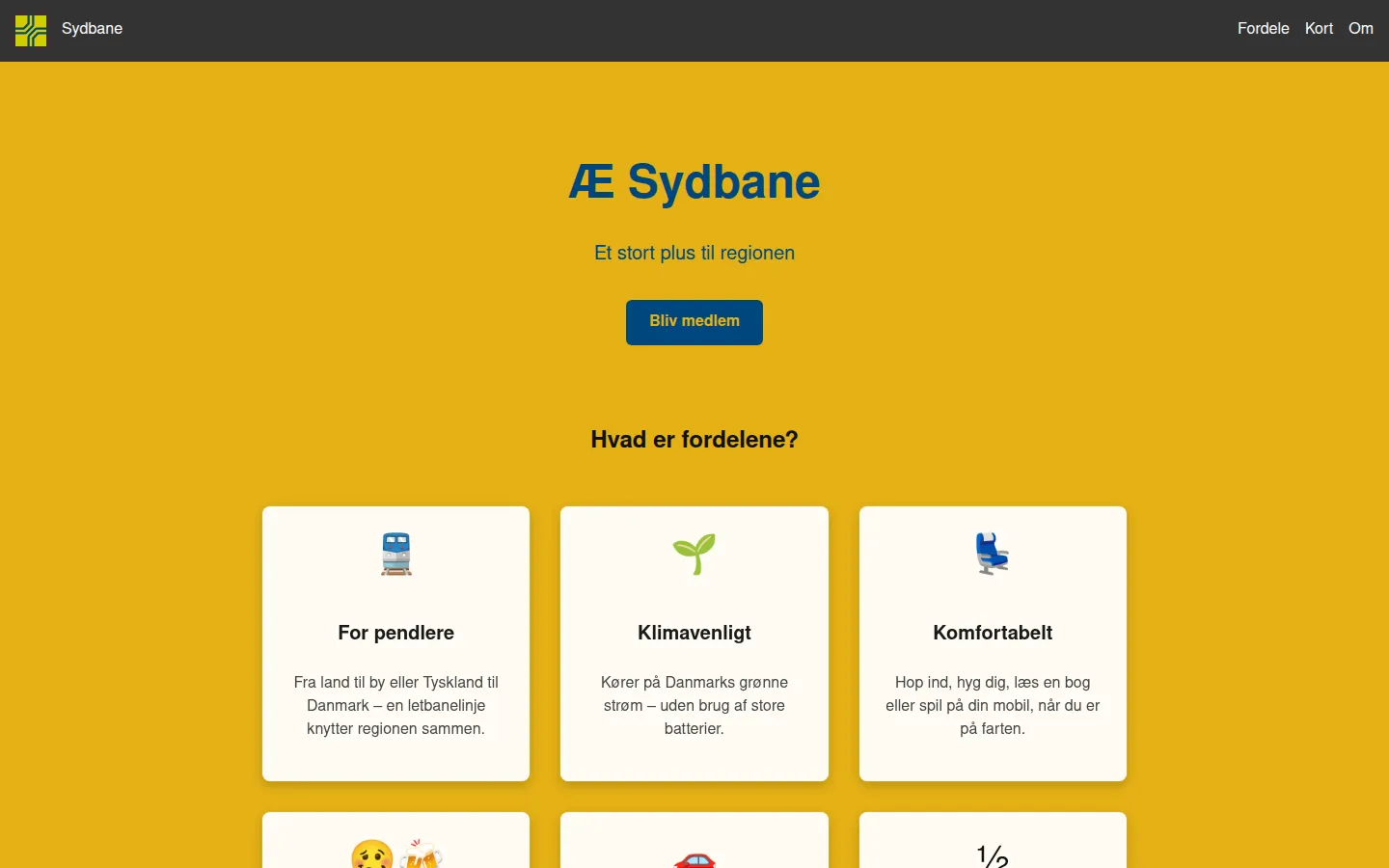 Yellow Æ Sydbane campaign homepage with a row of benefit cards